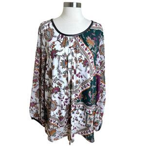 Calvin Klein Blouse Womens 2X White Floral Multicolor Black Faux Leather Trim